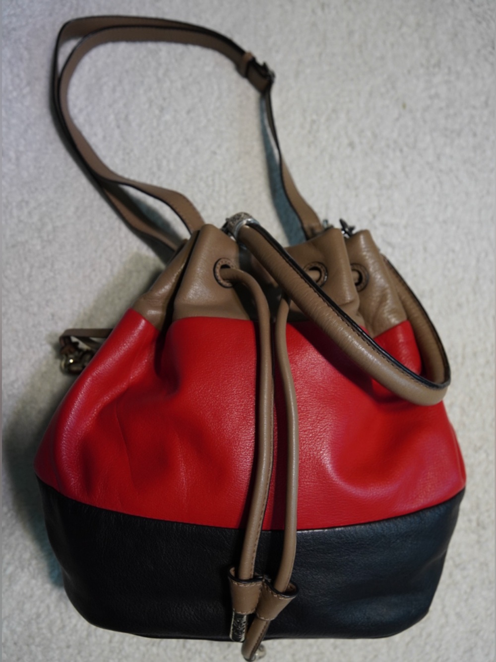 Brighton Brown & Red Genuine Leather Drawstring Bucket Bag